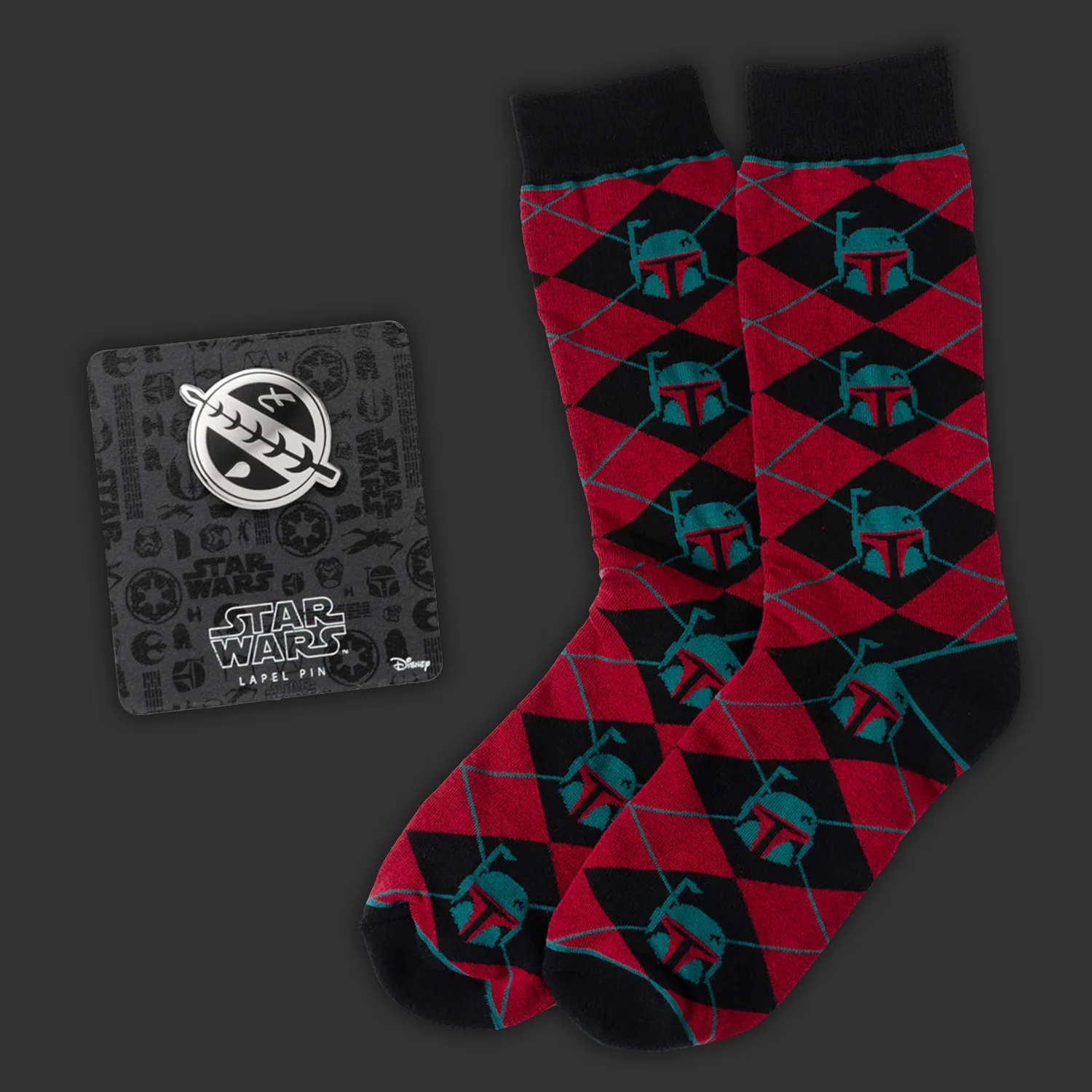 Star Wars Boba Fett Maroon and Black Argyle Socks and Crest Lapel Pin Gift Set | Socks