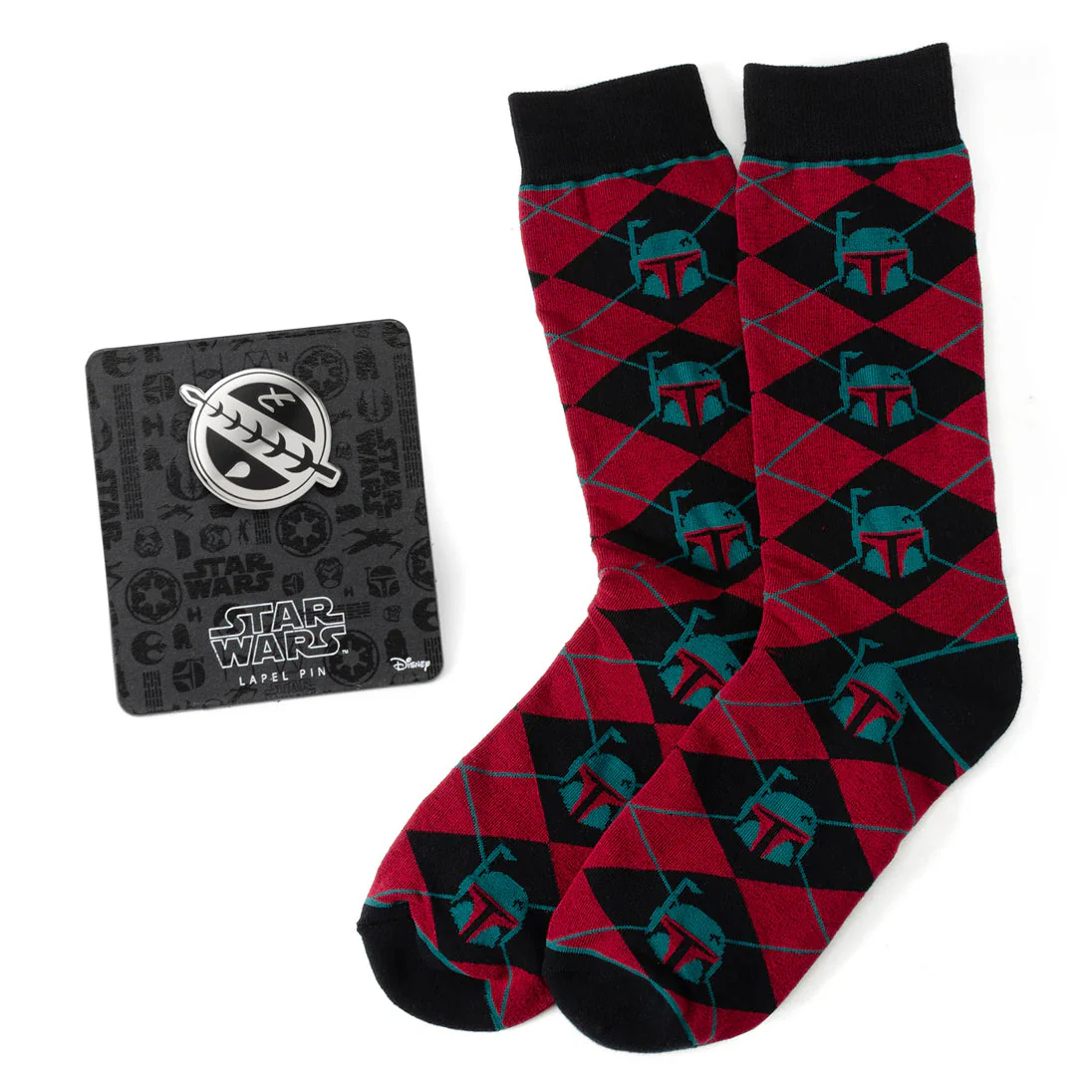 Star Wars Boba Fett Maroon and Black Argyle Socks and Crest Lapel Pin Gift Set | Socks - Image 2