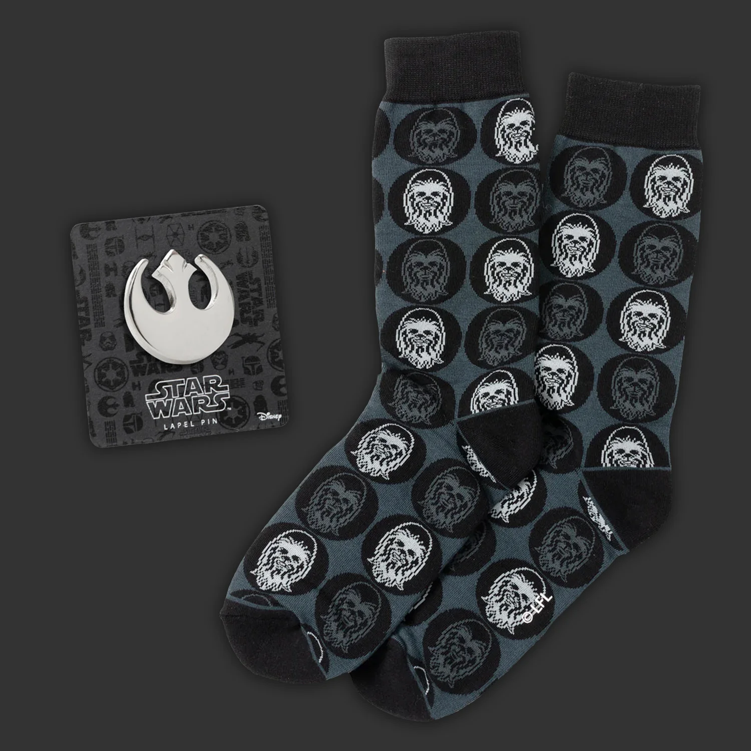 Star Wars Chewbacca Black Dress Socks and Rebel Alliance Starbird Crest Lapel Pin Gift Set | Socks