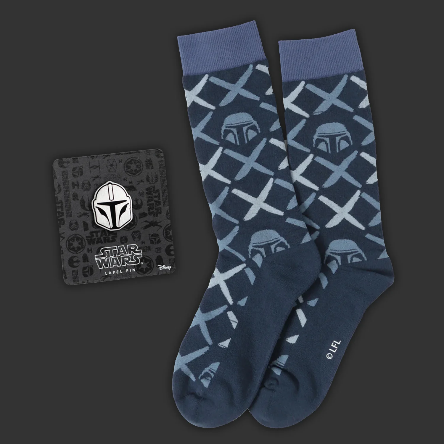 Star Wars Mandalorian Navy Checkered Dress Socks and Lapel Pin Gift Set | Socks